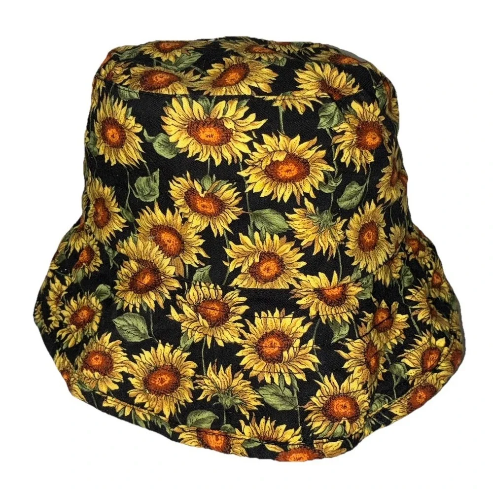 Dorfman Pacific Bucket Hat L/XL Black Yellow Sunflowers Sun Hippie Boho Vintage‎